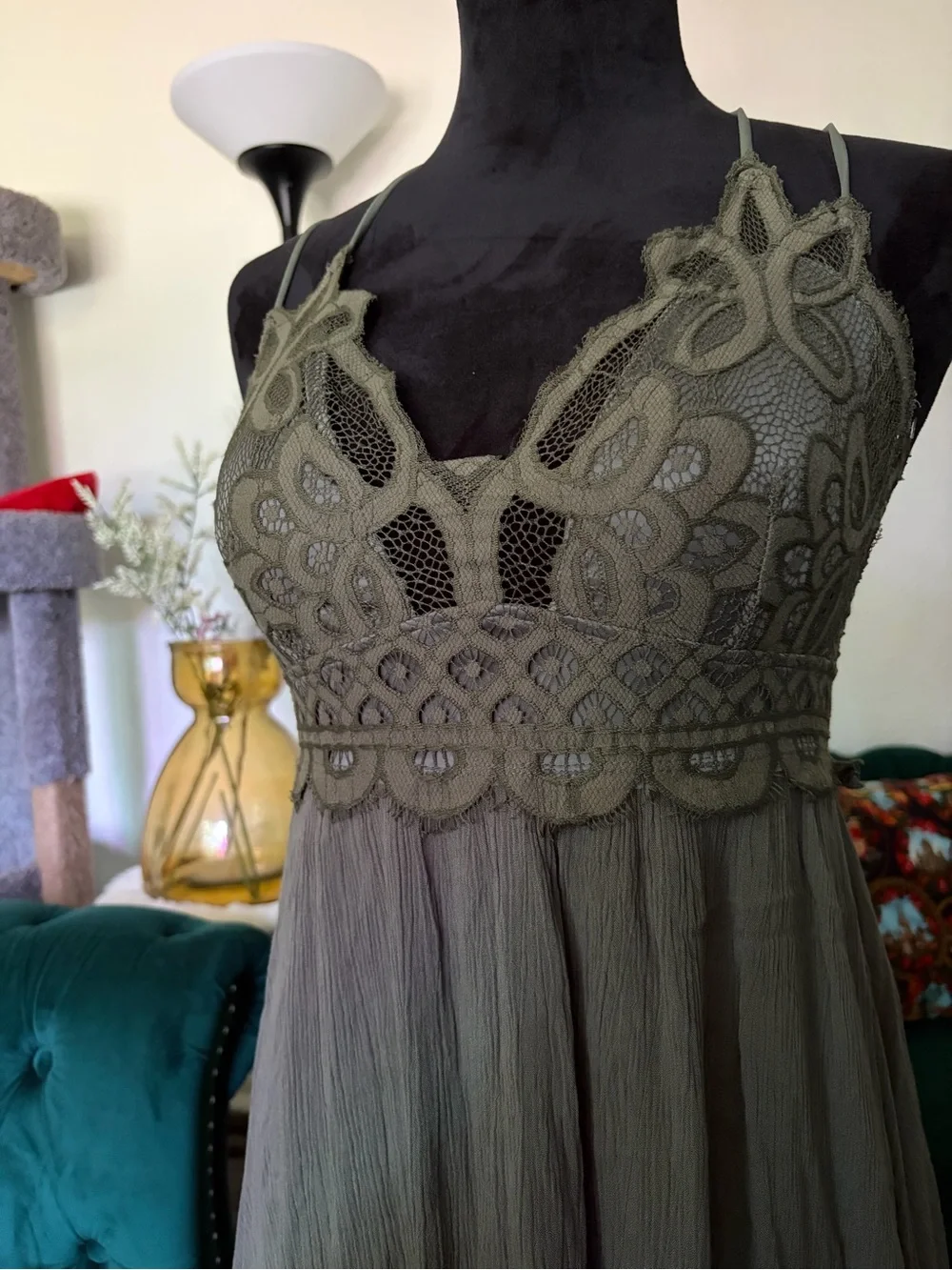 Free People Olive Green Lace Bodice Midi Dress